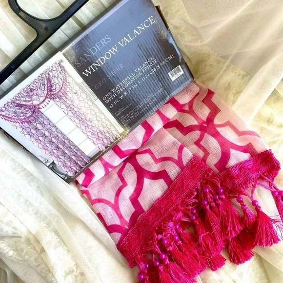 Sanders Window Waterfall Pink & White Valance Geo Sheer with Decorative Fringes - Picture 1 of 8